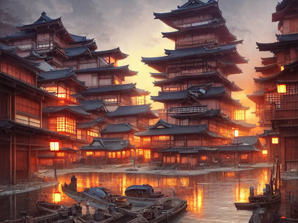 Image similar to old japanese small town viewed from harbor, d & d digital painting, intricate details, ultra realistic, beautiful, volumetric lighting, warm colors advance, cell shading, by james jean, greg rutkowski, gerald brom, wlop