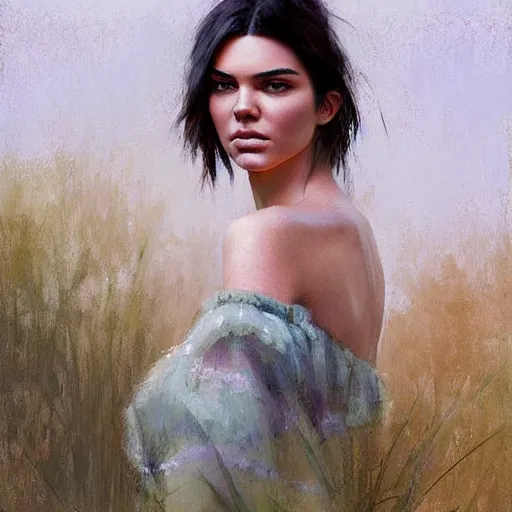 Prompt: kendall jenner by Richard Schmid by Jeremy Lipking by moebius by atey ghailan