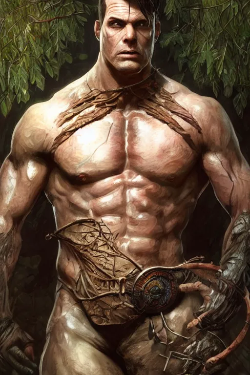 Prompt: portrait of dwight from dead by daylight as a herculian man, forest, full body, muscular, fantasy, intricate, elegant, highly detailed, digital painting, artstation, concept art, sharp focus, illustration, art by artgerm and greg rutkowski and alphonse mucha