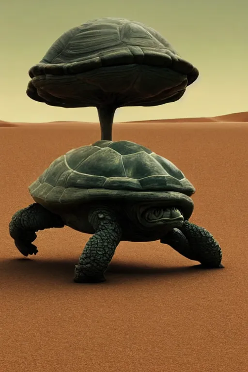 Image similar to an alien tortoise cralling through a strange desert world by roger deakins from the future in the style of dali. large black alien eyes and green and grey body. masterpiece. cinematic still award - winning vfx cgi. melancholic scene infected by night. perfect composition and lighting. sharp focus. high contrast color lush surrealistic photorealism desert scenery.