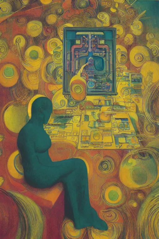 Prompt: realistic portrait of an engineer woman programming the samsara holy cluster, fine portrait, concept art, stunning, visionary, by brecht evens, by jean delville, by francis bacon