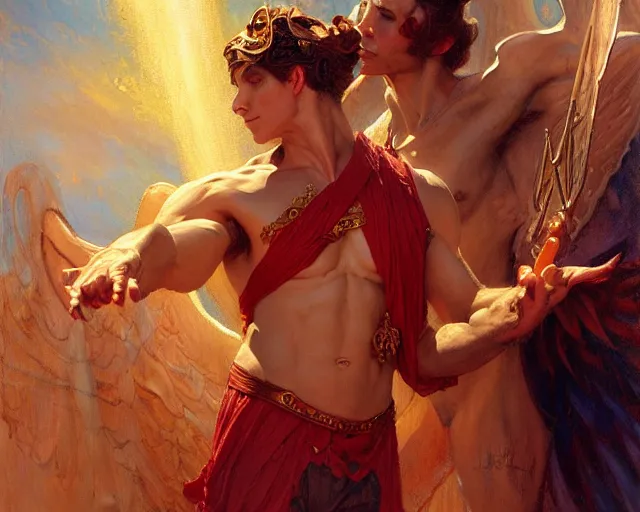 Image similar to attractive male deity, casting demonic magic, summoning handsome lucifer morning star. highly detailed painting by gaston bussiere, craig mullins, j. c. leyendecker 8 k