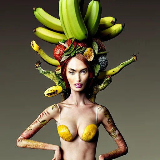 Prompt: banana dryad editorial 2 0 0 mm, megan fox editorial by malczewski and arcimboldo, banana dryad character sculpture by arcimboldo, stil frame from'cloudy with a chance of meatballs 2'( 2 0 1 3 ) of banana dryad, banana hybrid megan fox editorial by alexander mcqueen and arcimboldo