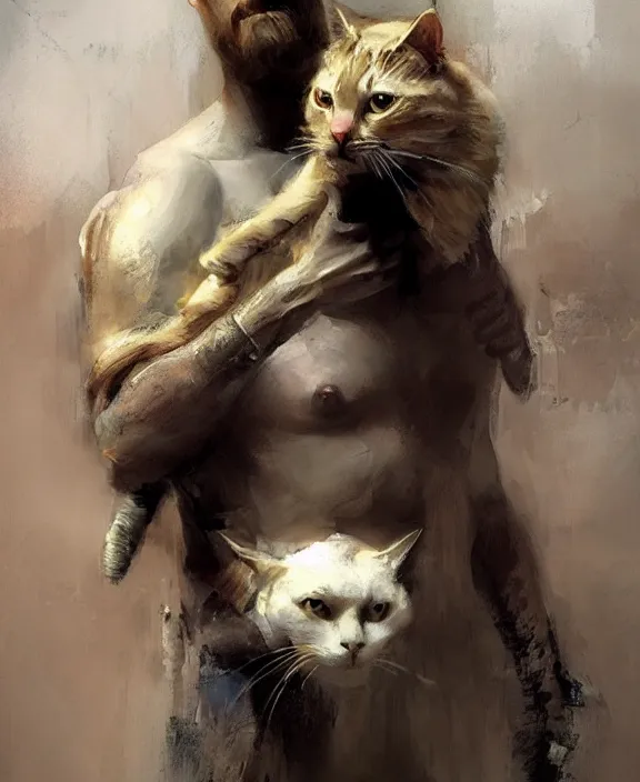 Image similar to blonde greek warrior holding a cat by jeremy mann