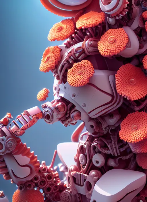 Image similar to biomechanical corals, daisies, well contoured smooth fair walls carrying perfume bottle, up close shot, sharp focus, global illumination, radiant light, alexandre ferra white mecha, irakli nadar, octane highly render, 4 k, ultra hd,