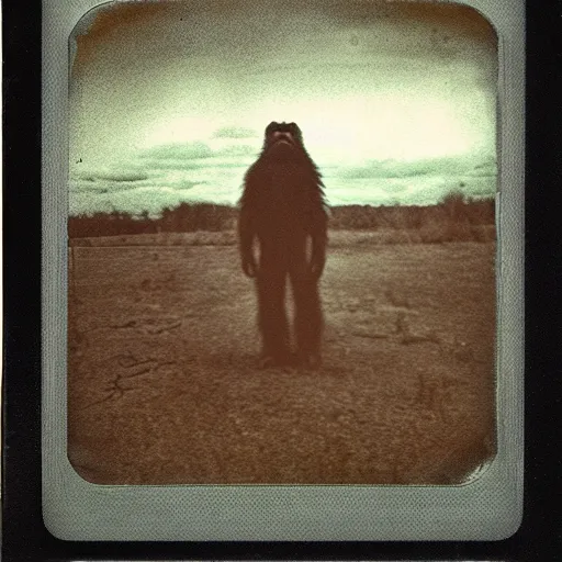 Prompt: a tarkovsky style polaroid photo of a real life bigfoot