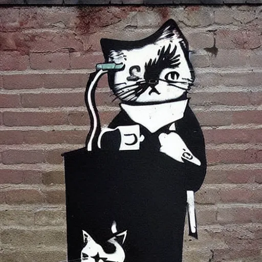 Image similar to Street art of an alcoholic cat who drink wine, by banksy