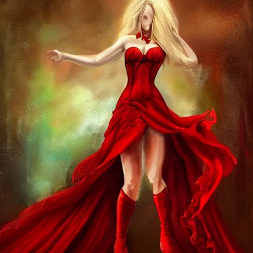 Prompt: a painting of a woman in a red dress, concept art by anne stokes, polycount contest winner, fantasy art, wiccan, concept art, tarot card