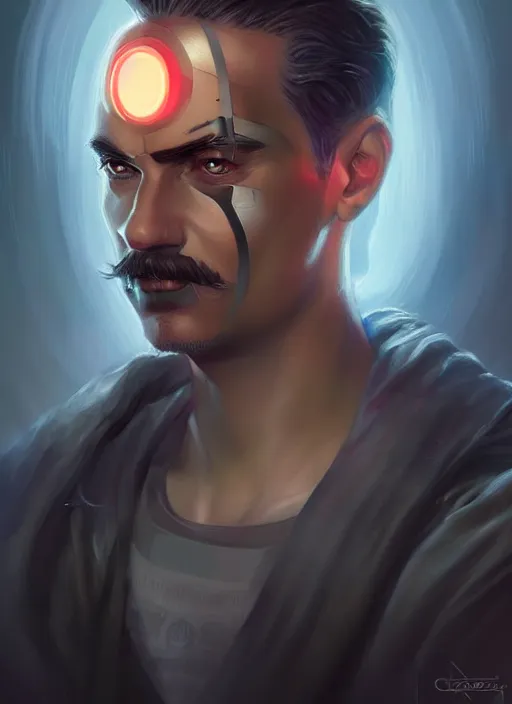 Image similar to « a portrait o cyberpunk joseph stalin, glowing eyes, a digital painting by charlie bowater, featured on cgsociety, fantasy art, behance hd, wiccan, artstation hd »