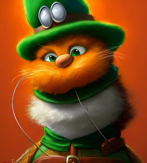 Prompt: cute anthropomorphic garfield as robin hood, smiling, perfect face, orange fur, green hat and tunic, cinematic, elegant, highly detailed, psychedelic, digital painting, artstation, smooth, hard focus, illustration, art by jessica rossier and and brian froud