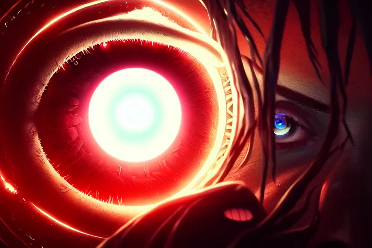 Image similar to portrait of a mystical giant eye, red pupils, intricate, ( ( abstract ) ), cinematic, octane render, wlop, greg rutkowski, dan mumford, artgerm