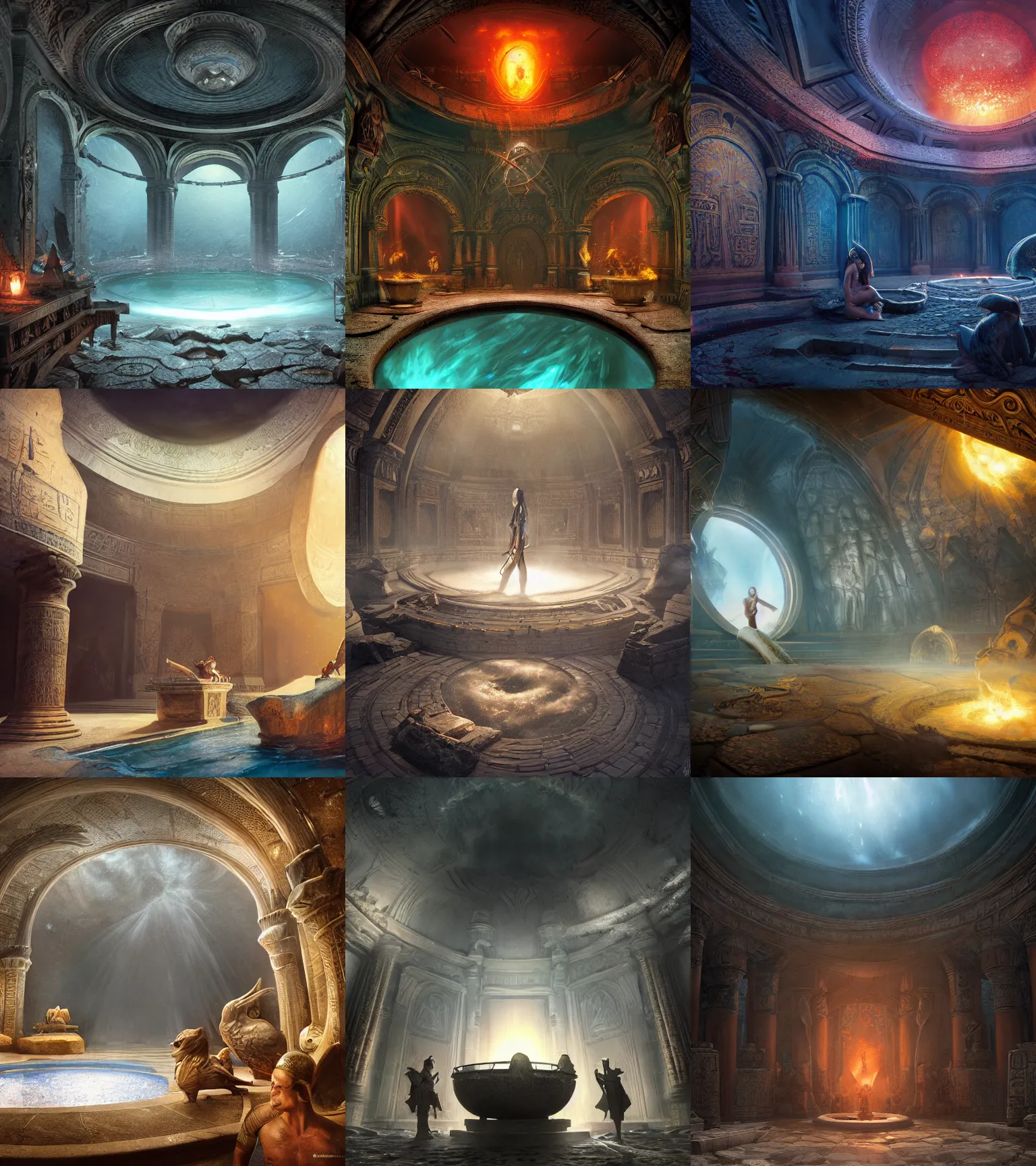 Prompt: fantasy movie scene raymond swanland and andreas rocha detailed digital art of an ornate and royal egyptian antechamber tomb, a circular pool with an erupting galaxy inside, sharp sunray lighting, unreal engine, hyper realism, realistic shading, cinematic composition, blender render, octane render, hdr, detailed textures, photorealistic, ultrawide shot, 3 5 mm film