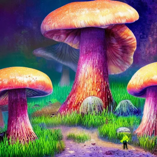 Prompt: a landscape painting with colorful growing mushroom underground, fairy-mushroom ot toabstool different forms and bodies, national geographic photos, trending on artstation