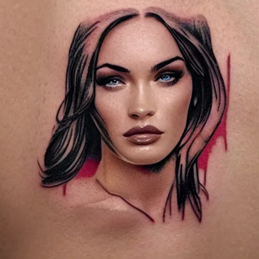 Image similar to double exposure realism tattoo sketch of megan fox with beautiful mountain scenery, in the style of andrey lukovnikov