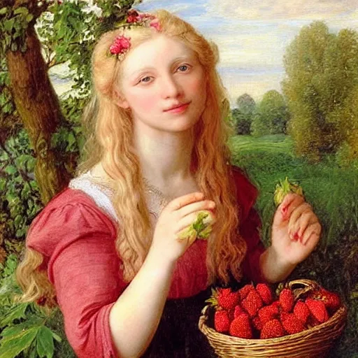 Image similar to A beautiful Blonde Woman with Locks selling strawberries in the style of Sophie Anderson, Portrait