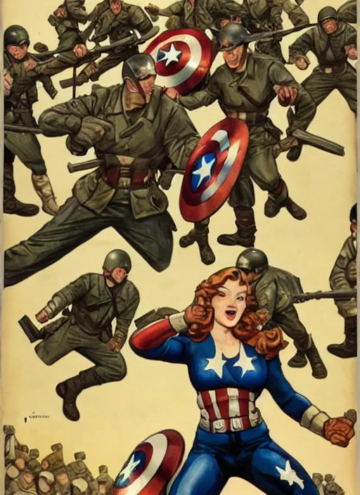 Image similar to beautiful female captain america standing on a pile of defeated german soldiers. feminist captain america wins wwii. american wwii propaganda poster by james gurney overwatch. anime.