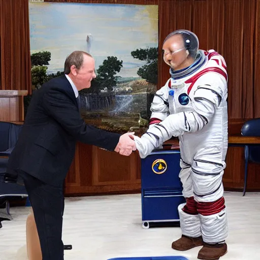 Image similar to cat astronaut shakes the hands with president