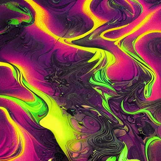 Image similar to extremely detailed complex intricate voronoi fractured viscous ores with slick wet blacklight mud oozing from the afterimage of fluorescent yellow smoke by Boris Vallejo 8k 3d