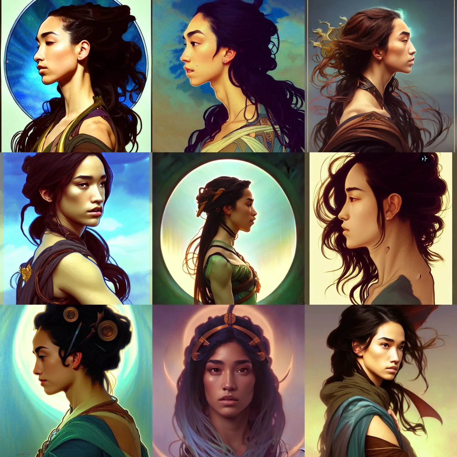 Prompt: side profile centered painted portrait, Adrianne Ho as a wind sorcerer, D&D, cell-shaded, matte painting concept art, bright backlit, official fanart, 4k, Pinterest, by Alphonse Mucha - H 704