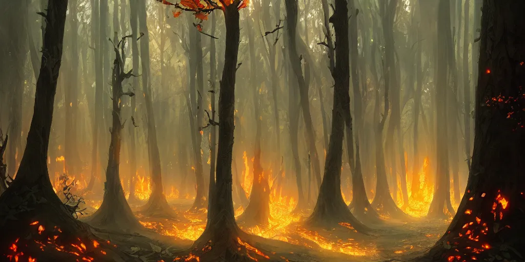 Image similar to A fire forest of trees with flaming leaves, landscape, highly detailed, digital painting, artstation, concept art, sharp focus, illustration, art by artgerm and greg rutkowski and alphonse mucha