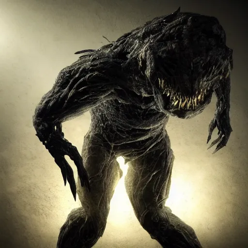 Image similar to full body pose, hyperrealistic photograph of a vile nightmare creature in the darkness, dim volumetric lighting, 8 k, octane beautifully detailed render, extremely hyper detailed, intricate, epic composition, cinematic lighting, masterpiece, trending on artstation, very very detailed, stunning, hdr, smooth, sharp focus, high resolution, award, winning photo, dslr, 5 0 mm