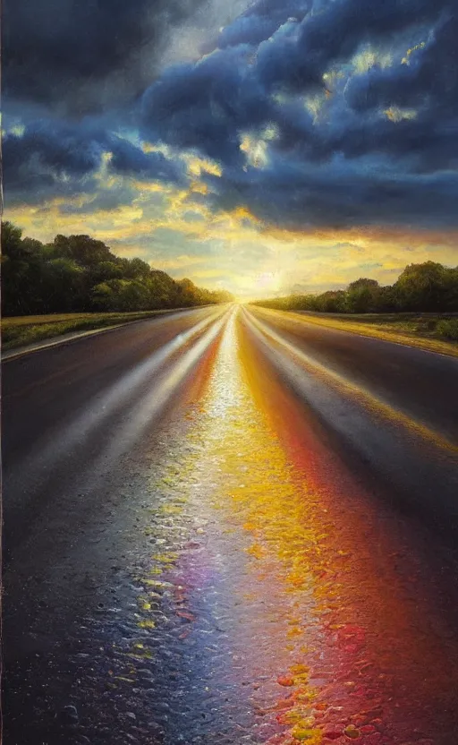 Image similar to paperback book cover. oil painting. pure colors, melting clouds, accurately drawn details, a sunburst above a receding road with the light reflected in furrows and ruts, after rain. photorealistic. octane render. cinematic. trending on artstation. textless.