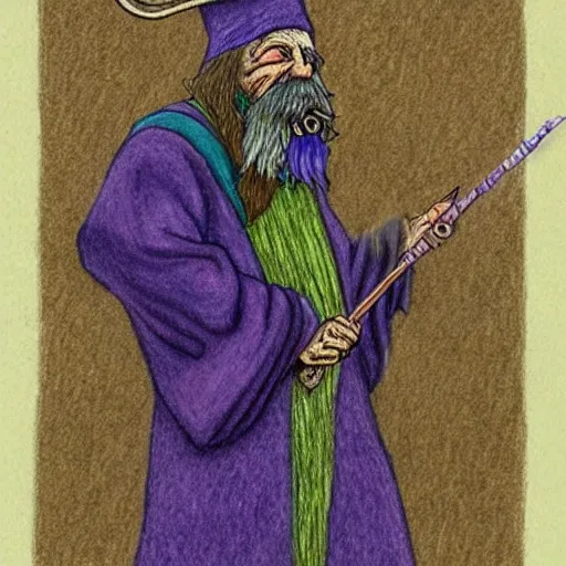 Prompt: a detailed coloured drawing of a wizard made of smoke wearing a purple robe, casting a spell using his staff, arstation, coherent, insane detail, character portrait, 4 k - n 9 - f 1 5 0