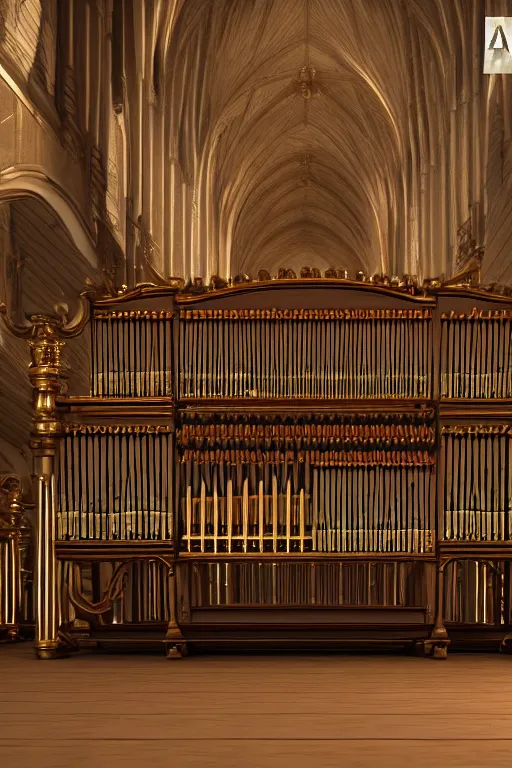 Image similar to a detailed render of an isolated lonely marble pipe organ in a church, with large golden pipes, trending on artstation, render, 3 d, octane, 4 k, 8 k, unreal engine, cinema 4 d