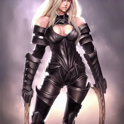 Prompt: a beautiful woman wearing leather armor, blonde, long hair, muscular, pixiv, hyperrealistic