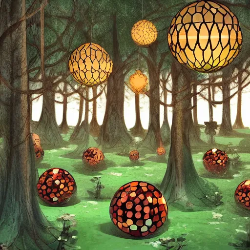 Image similar to with imeadenthewoody theme of forest, northern hemisphere trending on artstation, beautiful digital illustration trending on artstation a farm of disco balls by ilyphara, lilypad, swords, effigy