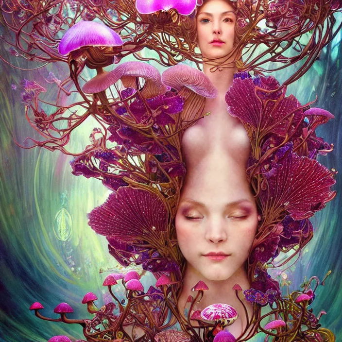 Image similar to extremely psychedelic organic cyborg made of orchid and cherry blossom tree and mushroom, diffuse lighting, fantasy, intricate, elegant, highly detailed, lifelike, photorealistic, digital painting, artstation, illustration, concept art, smooth, sharp focus, art by John Collier and Albert Aublet and Krenz Cushart and Artem Demura and Alphonse Mucha