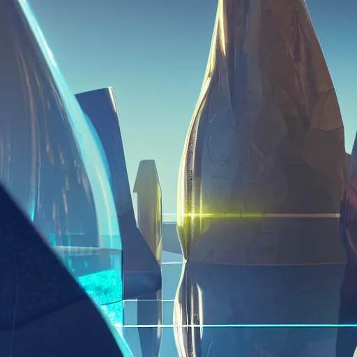 Prompt: four huge angular vertical floating complex translucent crystals in the desert, reflection from the crystal is sparkling due to sun, small retro starship in the sky, futuristic hi-tech details, art by anthony macbain + greg rutkowski + alphonse mucha, concept art, 4k, sharp focus, cinematic render unreal engine