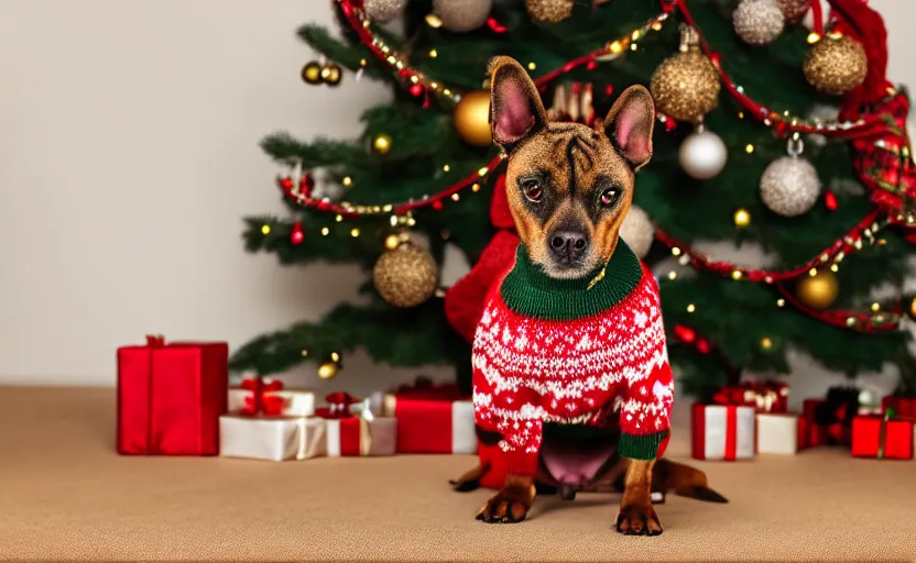 Image similar to studio photography of a dog wearing a woolen christmas sweater in front of a christmas tree, detailed face, cinematic lighting, 8 k