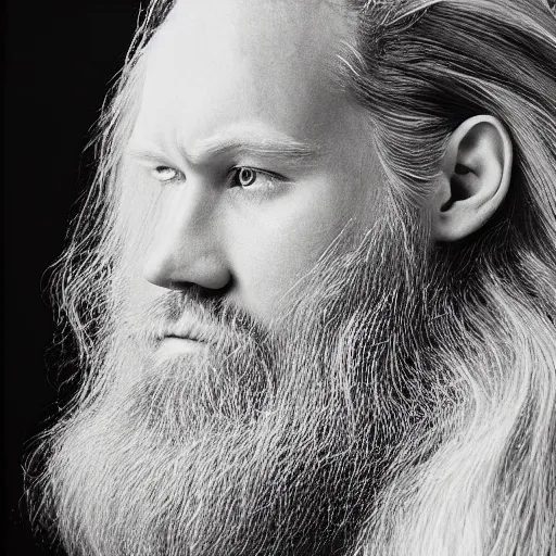 Prompt: 8k portrait photograph of 20 year old man named Carter Manson with long blond hair and red beard. Arnold Newman. Dramatic.