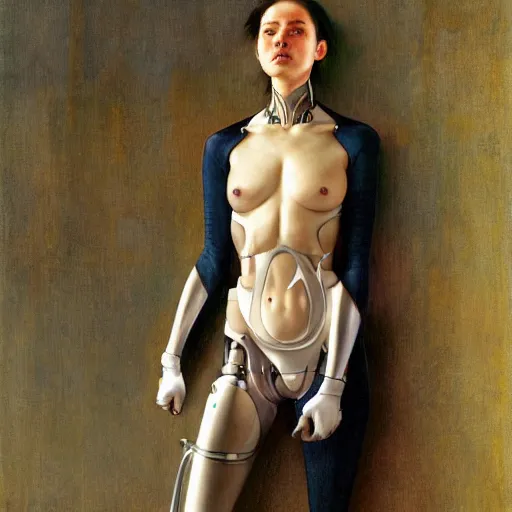 Image similar to masterpiece full body portrait cyborg woman in Tokyo,, by Edgar Maxence and Ross Tran and Michael Whelan and Gustav Klimpt