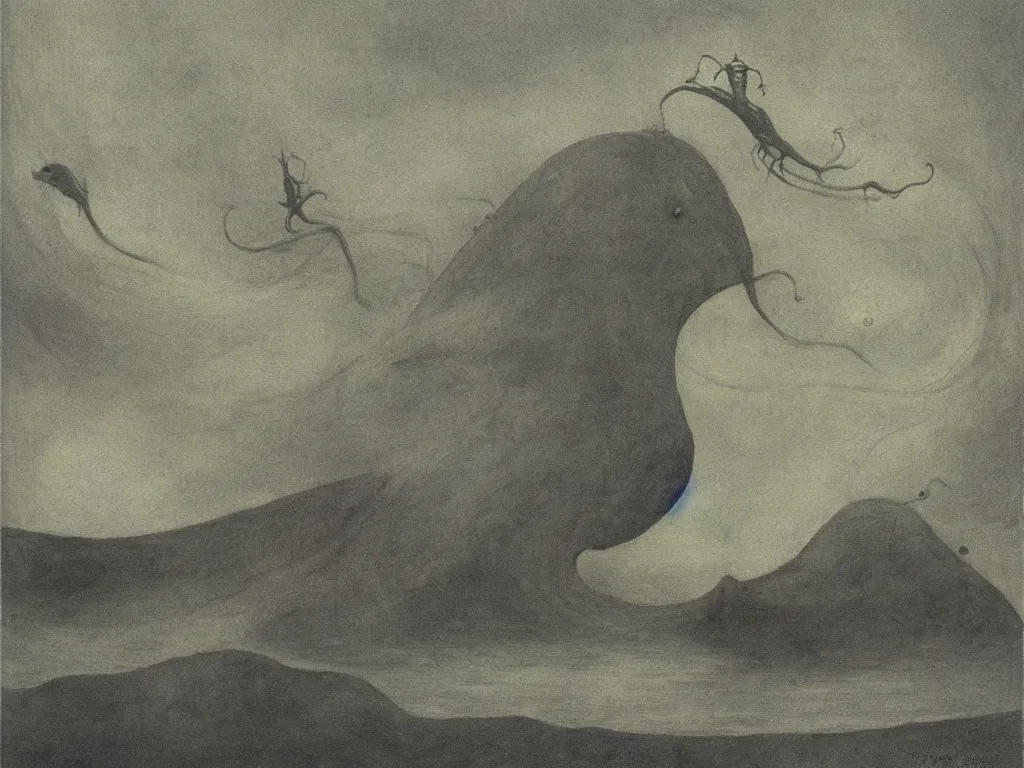 Prompt: deep sea strange creatures. Painting by Roger Dean, Alfred Kubin