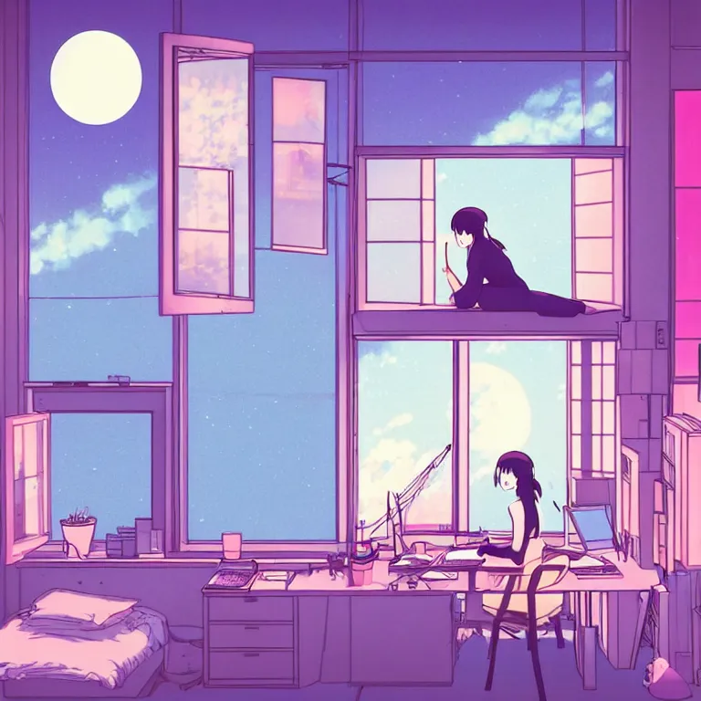 Image similar to beautiful illustration at night of a lonely female in her studio apartment sitting at her computer desk which is in front of a window which looks out to a futuristic city, japan, anime manga style, neon pastel, in the style of ghibli and hayao miyazaki and satoshi kon and shinichiro watanabe and makoto shinkai