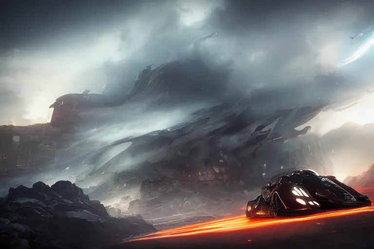 Image similar to the batmobile caught in the flow of time. octane render. 8 k. dark. atmospheric. cinematic. spectacular. sense of awe. mist. strong winds. sunrise. super slowmotion. matte painting painted by thu berchs and peter mohrbacher