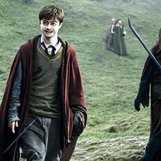 Prompt: daniel radcliffe as harry potter walking, in orodruin from lord of the rings