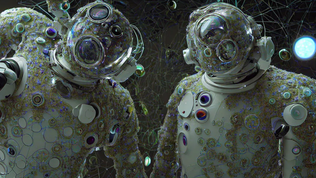 Image similar to a cybernetic symbiosis of a single astronaut mech-organic eva suit made of pearlescent wearing knitted shiny ceramic multi colored yarn thread infected with diamond 3d fractal lace iridescent bubble 3d skin dotted covered with orb stalks of insectoid compound eye camera lenses floats through the living room, film still from the movie directed by Denis Villeneuve with art direction by Salvador Dalí, wide lens,kevlar,carbon fiber,ceramics,gaseous materials,