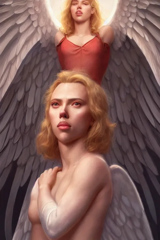 Image similar to Scarlett Johansson as a Heavenly Angel ,anatomy, only two hands, highly detailed, digital painting, artstation, concept art, smooth, sharp focus, illustration, Unreal Engine 5, 8K, art by art by artgerm and greg rutkowski and edgar maxence