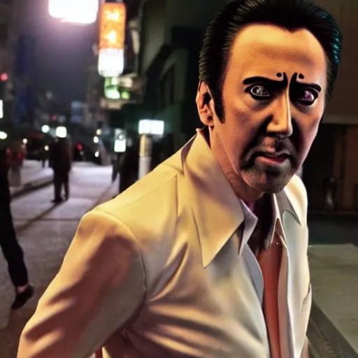 Prompt: nicolas cage as goro majima from yakuza game series on the streets on night tokyo, highly detailed