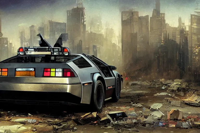 Image similar to photograph of the delorean, with a sleek spoiler, driving down the streets of a cyberpunk abandoned city, by greg rutkowski, by stanley artgerm, by alphonse mucha