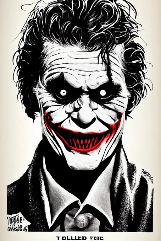 Prompt: Willem Dafoe as the Joker on a 1960s horror movie poster , vintage 60s print, detailed, scary, horrifying, screen print, trending on artstation