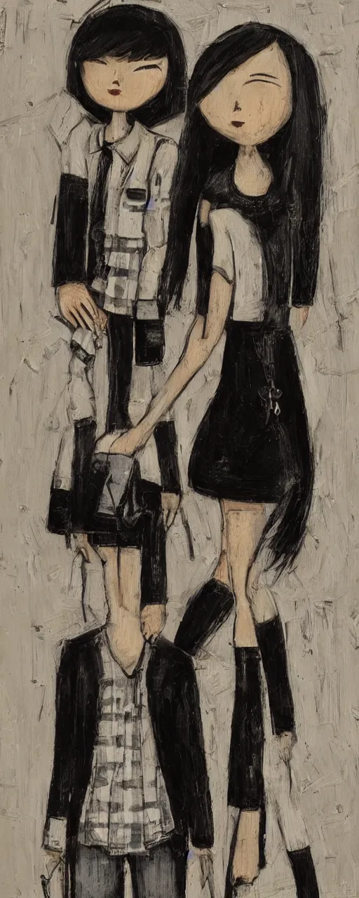 Prompt: best friends forever, by bernard buffet and chiharu chiota, 8 k, trending on artstation