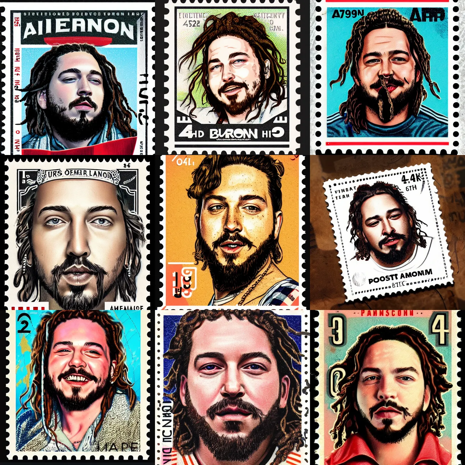 Prompt: a closeup photorealistic illustration of post malone on a vintage american postage stamp. fine detail. this 4 k hd image is trending on artstation, featured on behance, well - rendered, extra crisp, features intricate detail, epic composition and the style of unreal engine.