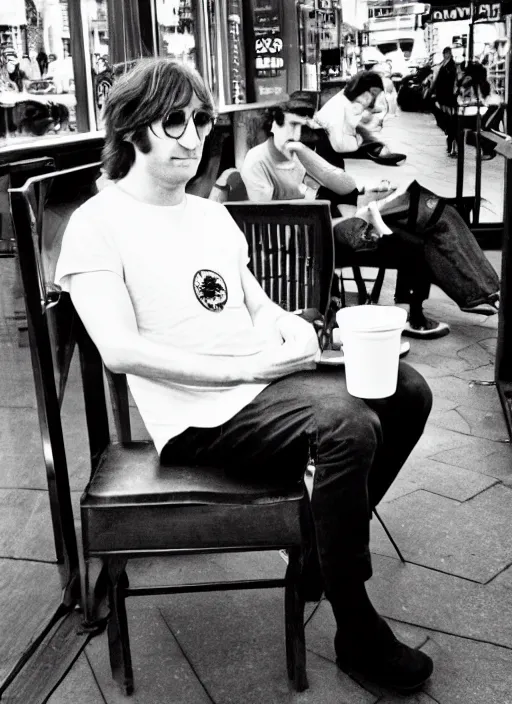 Image similar to john lennon sitting inside a starbucks using his iphone 1 2, black and white photo, real, photorealistic