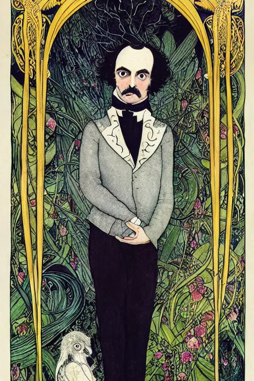 Prompt: realistic portrait of edgar allen poe in the center of an ornate orchid flower frame, detailed art by kay nielsen and walter crane, illustration style, watercolor