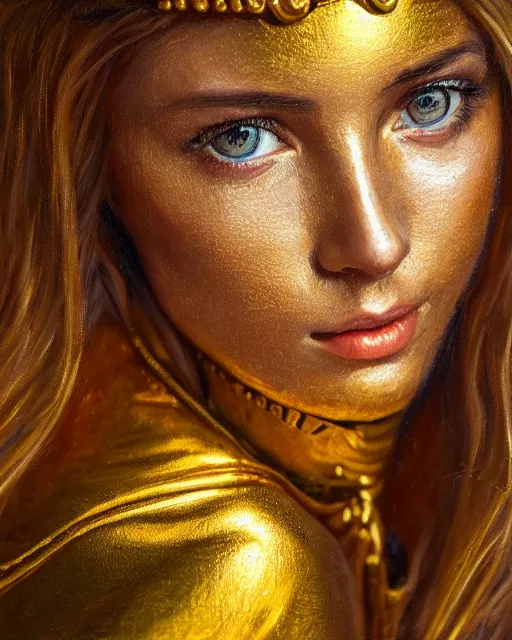 Image similar to oil painting portrait of woman in shining golden armor, high production value, intricate details, high resolution, hdr, high definition, masterpiece, realistic, ultrarealistic, highly detailed, hd, sharp focus, non blurry, sharp, smooth