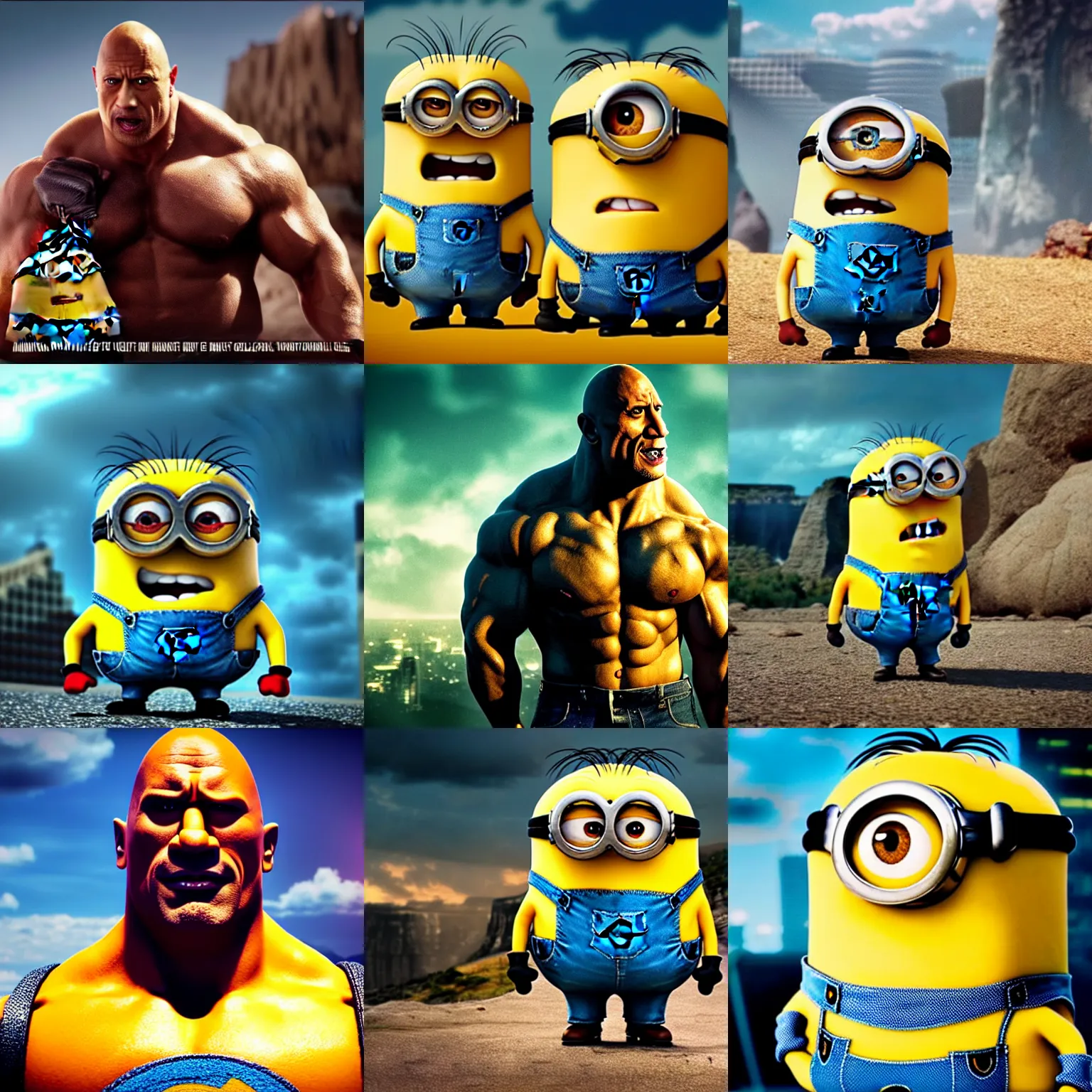 Prompt: a minion with face of dwayne johnson, cinematic establishing shot, magical colours and atmosphere, perfect coherent composition, super realistic, professional photography 1 6 k
